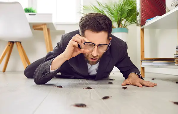 Shocked young business man in suit lying on white floor in his house or office, holding his glasses, and looking at lots of cockroaches crawling everywhere, for commercial pest control