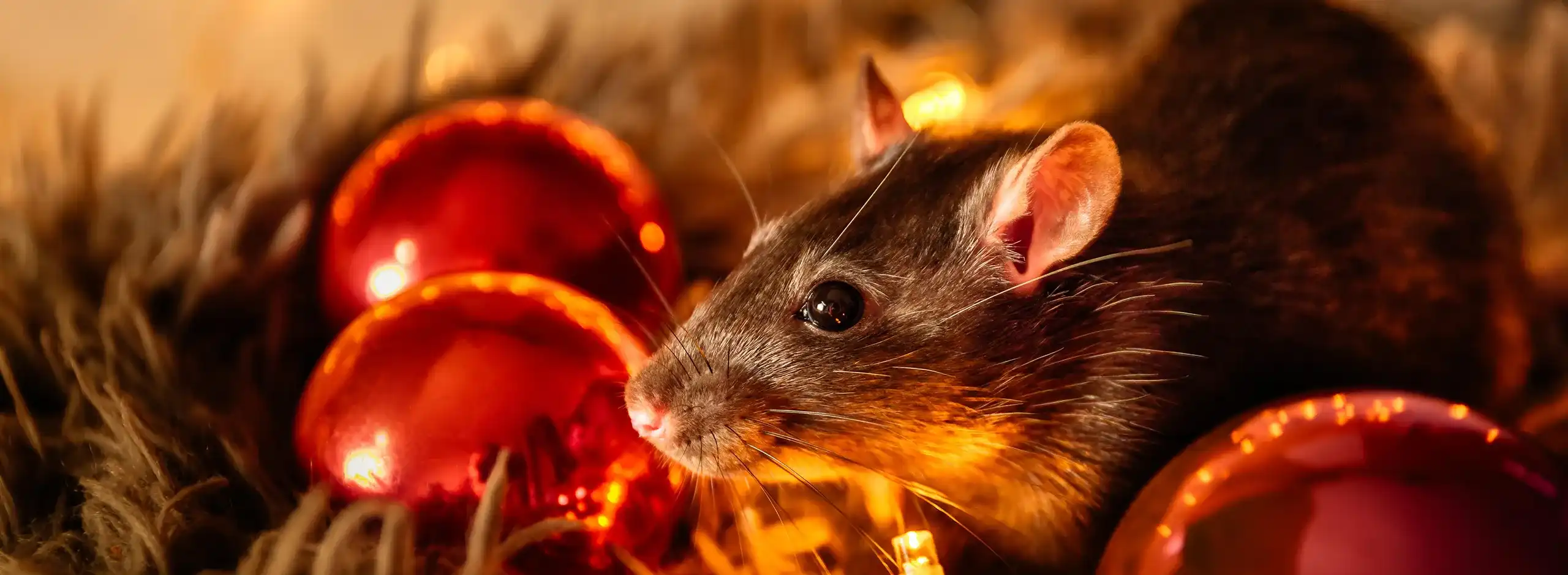 Gray rat in a tree with ornaments