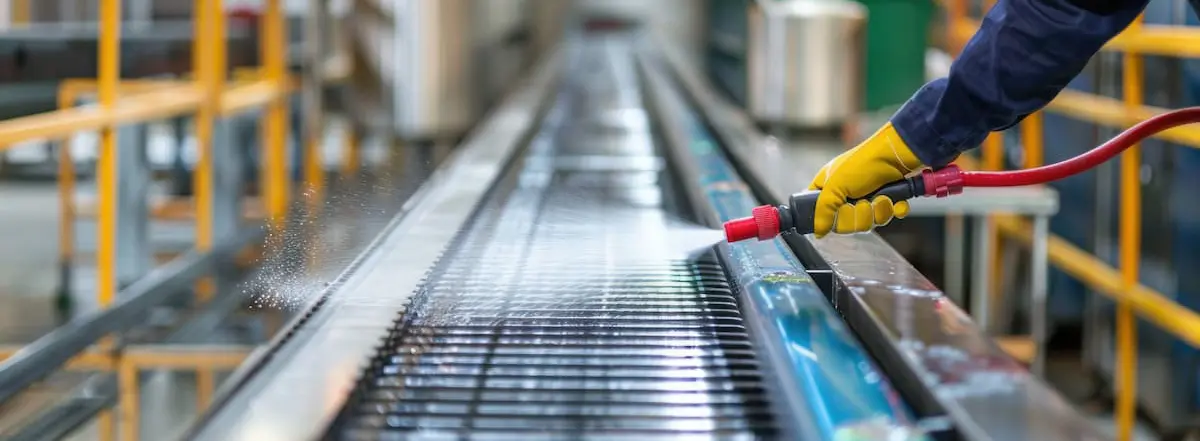 Worker cleaning conveyor belt in a food facility with a power sprayer